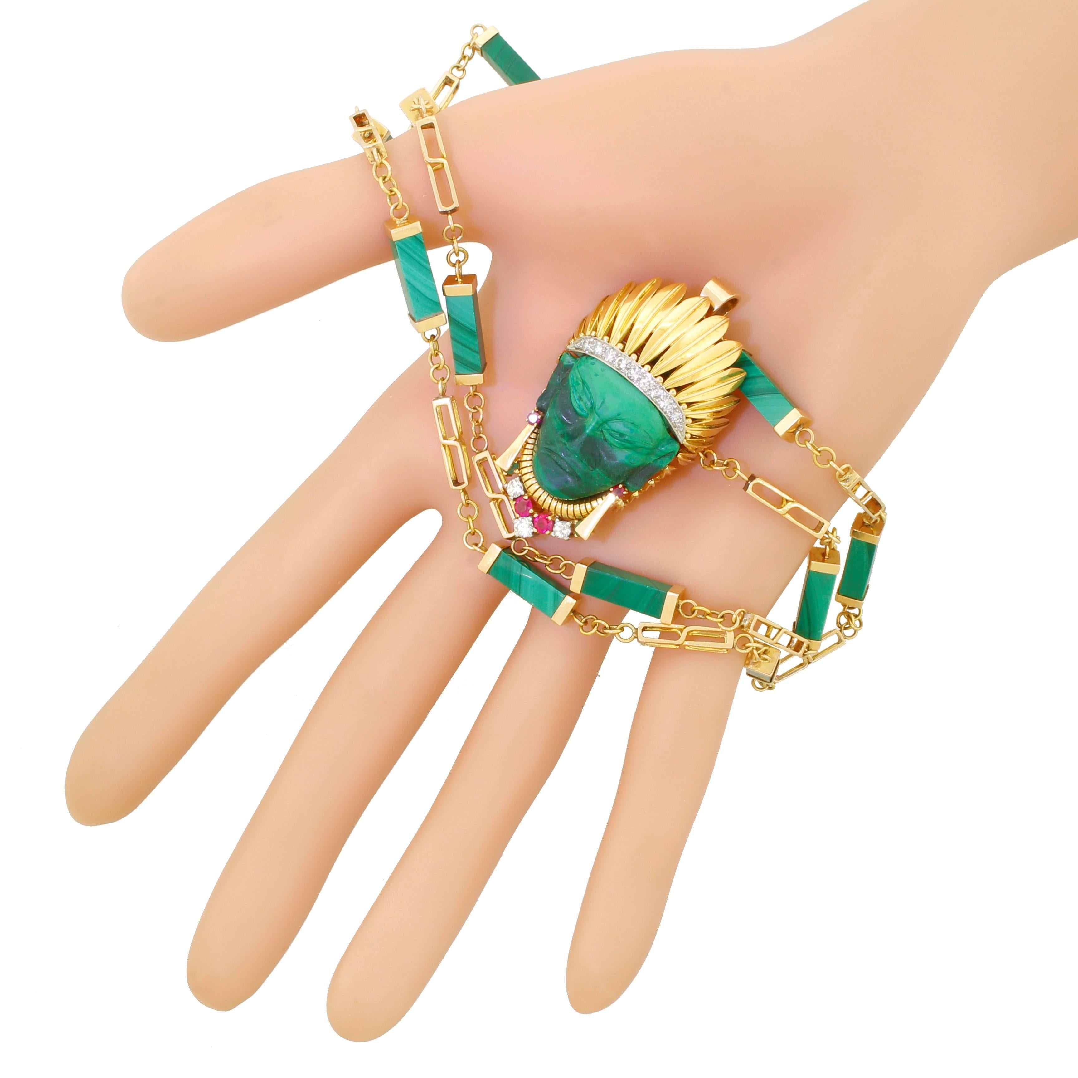Women's Vintage 18k Gold Diamond Ruby Malachite Indian Chief Clip Brooch 14k Necklace For Sale