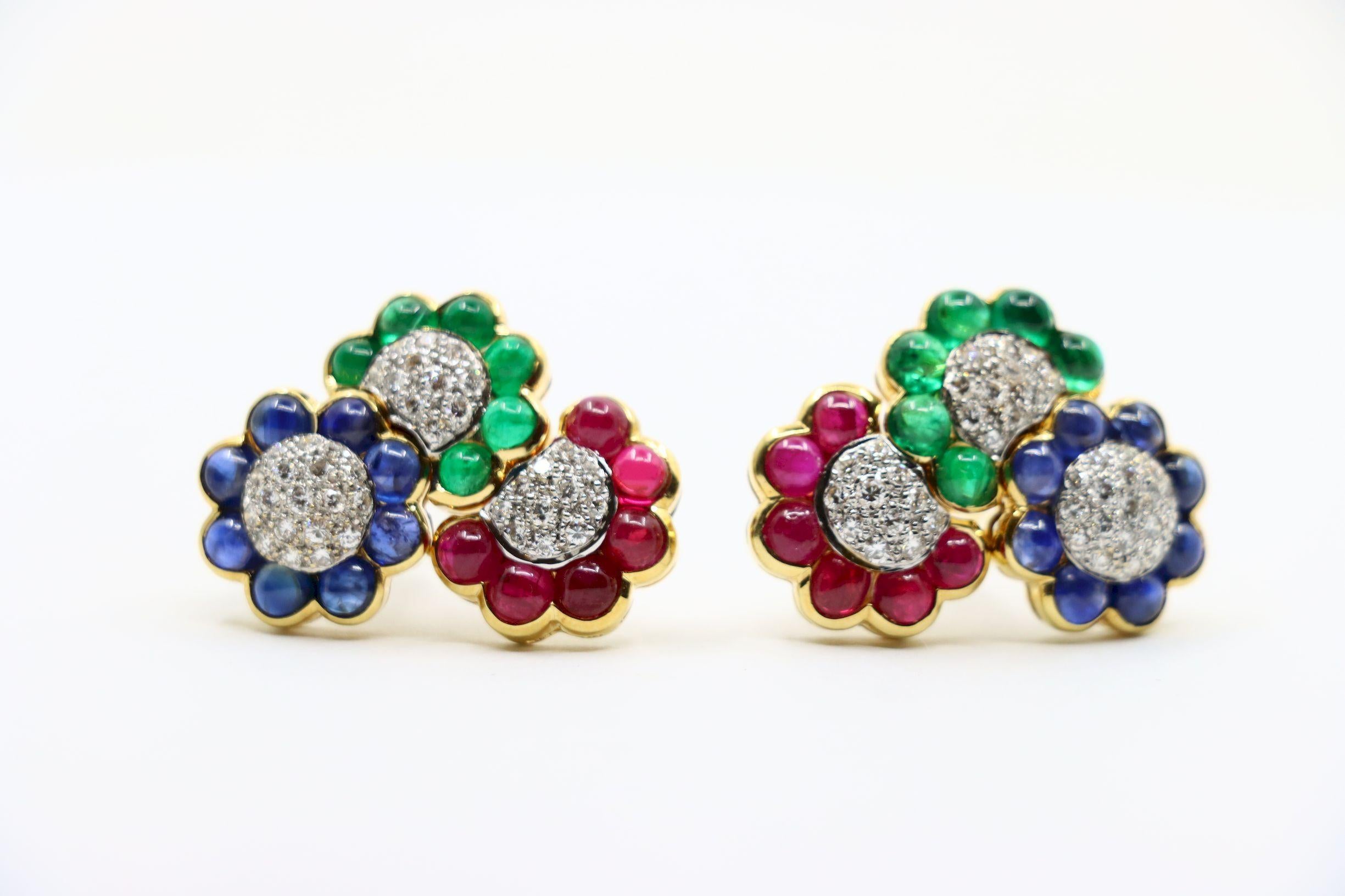 Vintage 18K Gold Diamond Ruby Sapphire Emerald Earrings For Sale 6