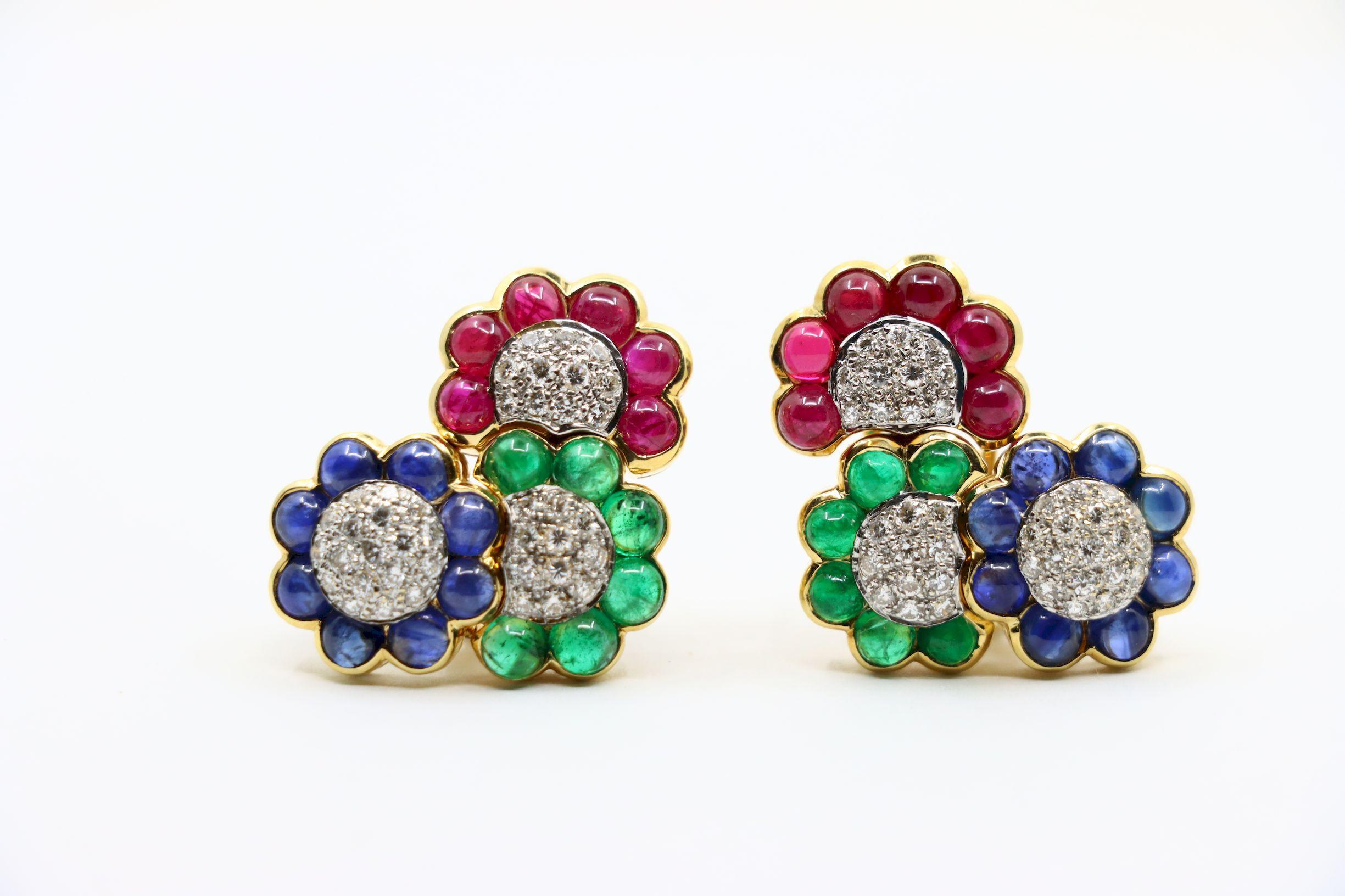 Vintage 18K Gold Diamond Ruby Sapphire Emerald Earrings For Sale 7