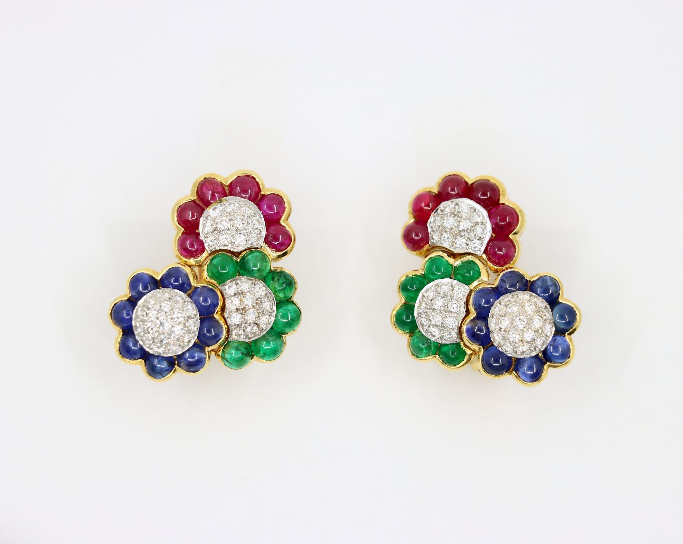 Cabochon Vintage 18K Gold Diamond Ruby Sapphire Emerald Earrings For Sale