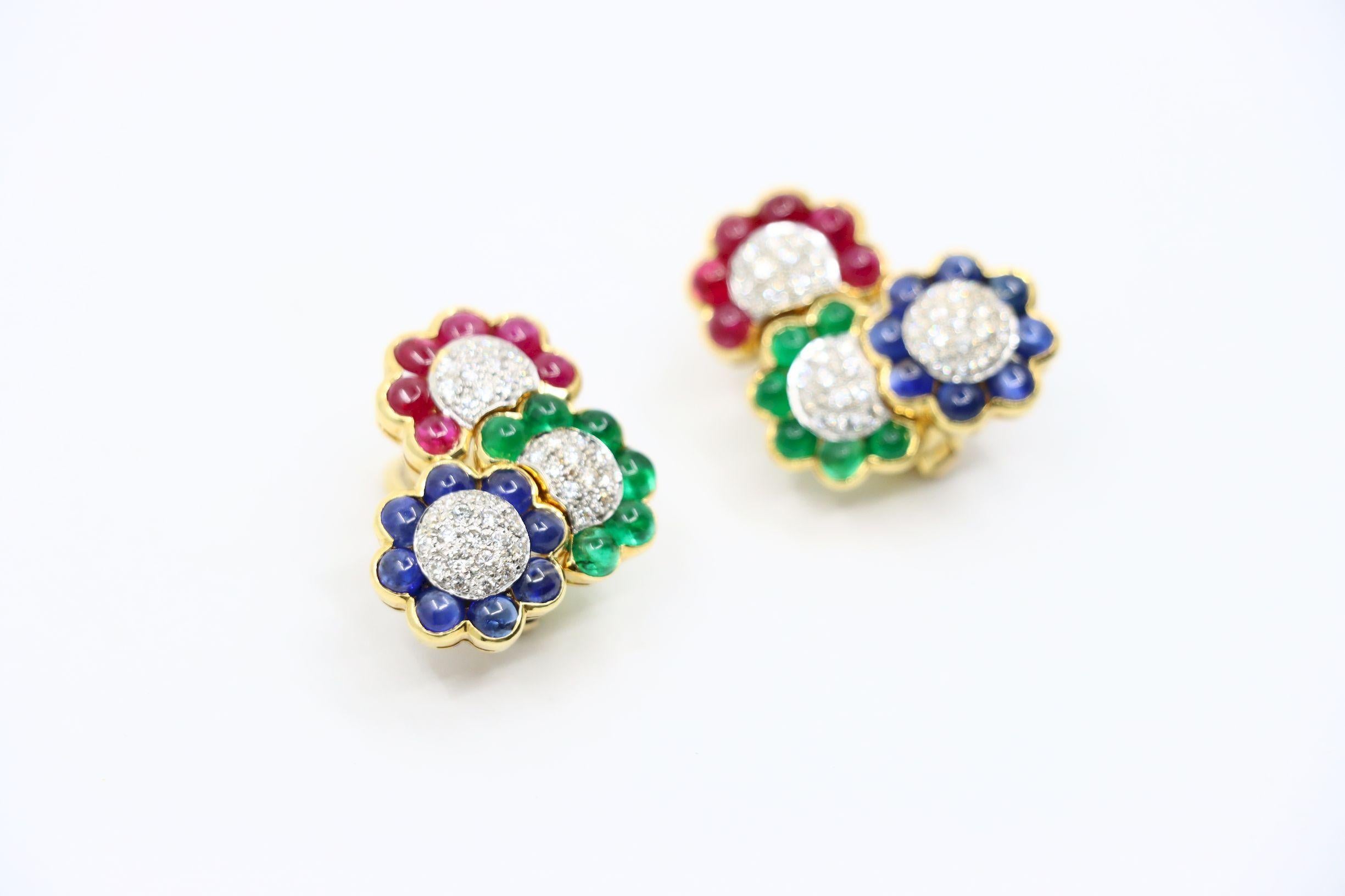 Vintage 18K Gold Diamond Ruby Sapphire Emerald Earrings In Good Condition For Sale In Flushing, NY
