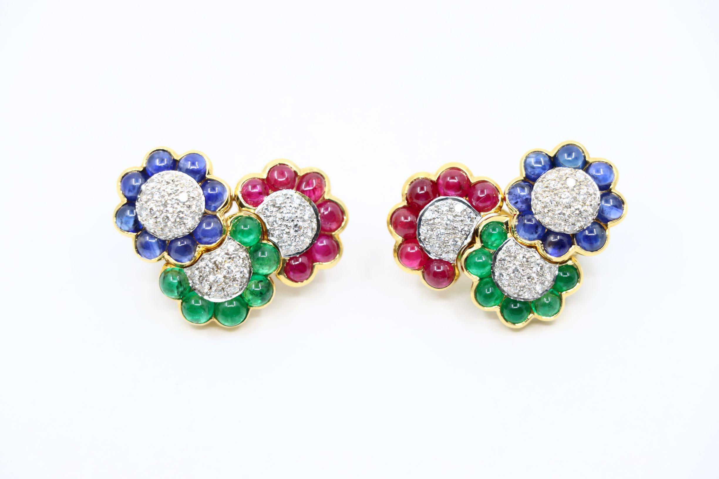 Women's Vintage 18K Gold Diamond Ruby Sapphire Emerald Earrings For Sale