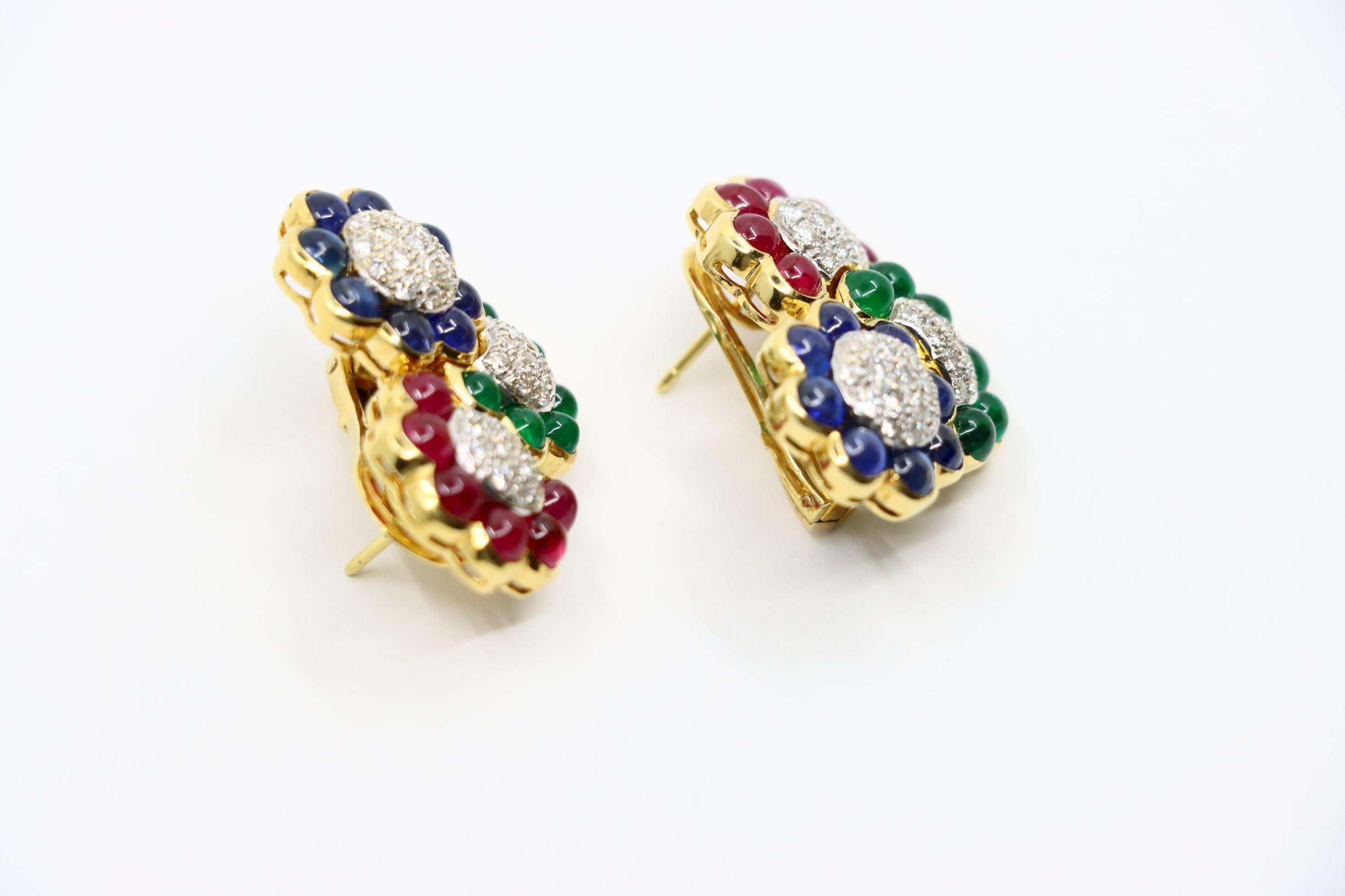 Vintage 18K Gold Diamond Ruby Sapphire Emerald Earrings For Sale 1