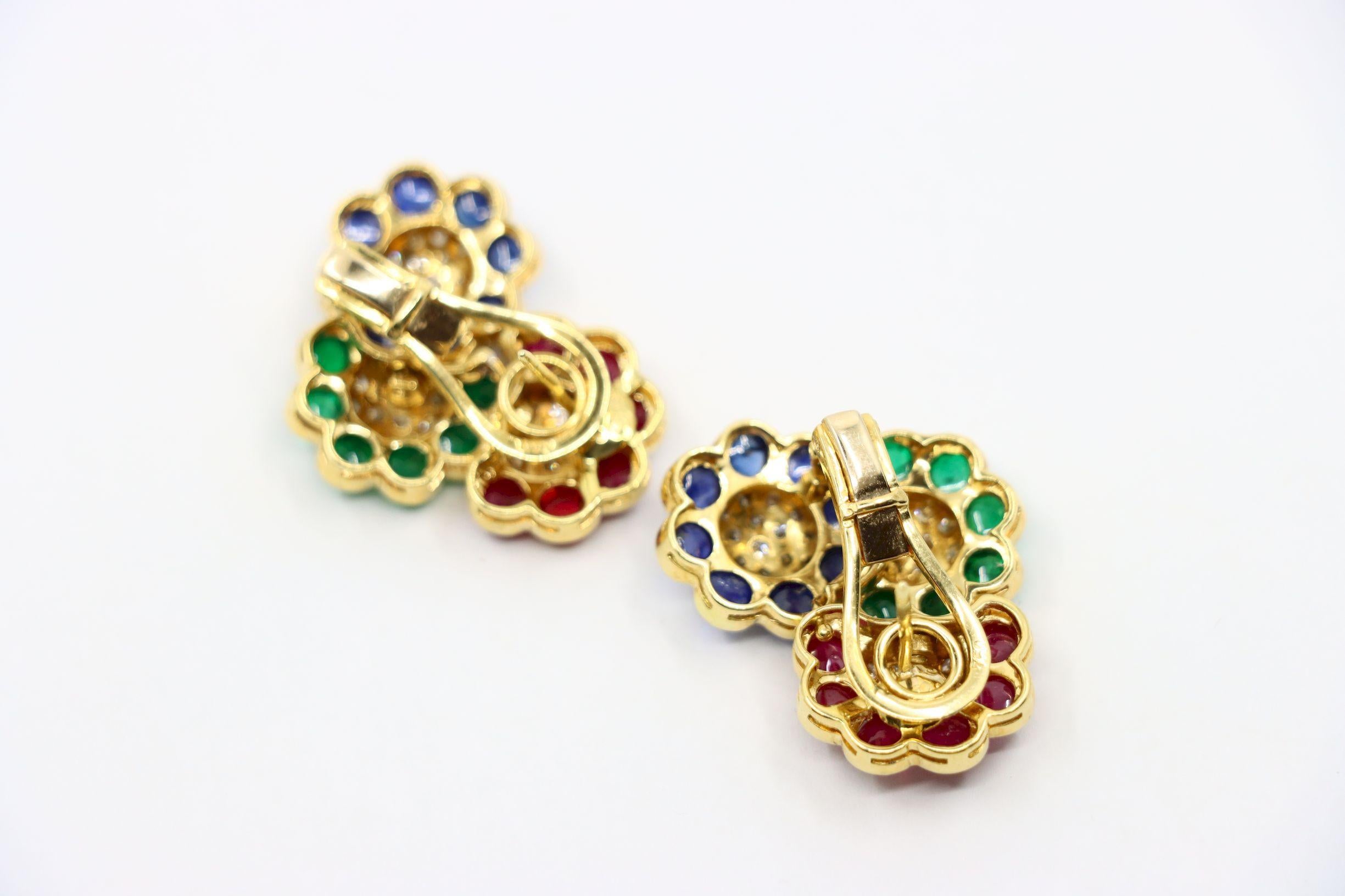 Vintage 18K Gold Diamond Ruby Sapphire Emerald Earrings For Sale 2