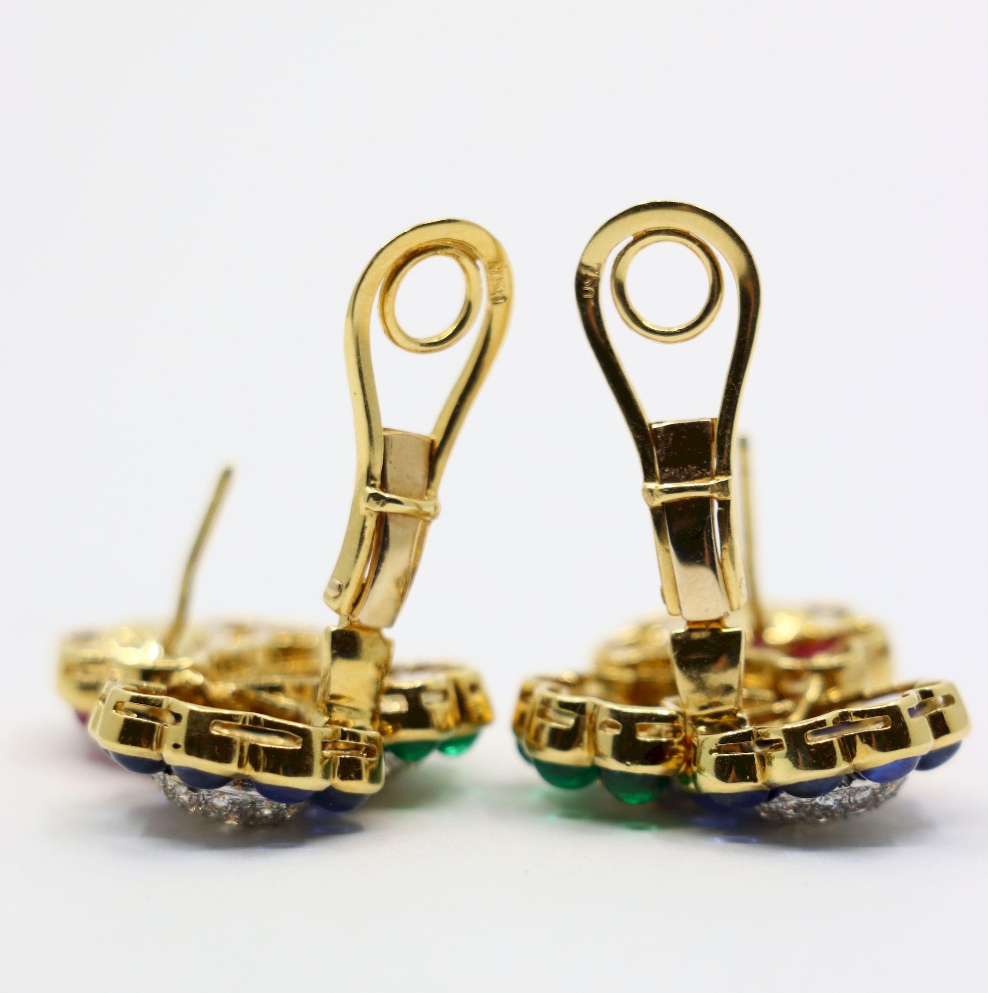 Vintage 18K Gold Diamond Ruby Sapphire Emerald Earrings For Sale 3