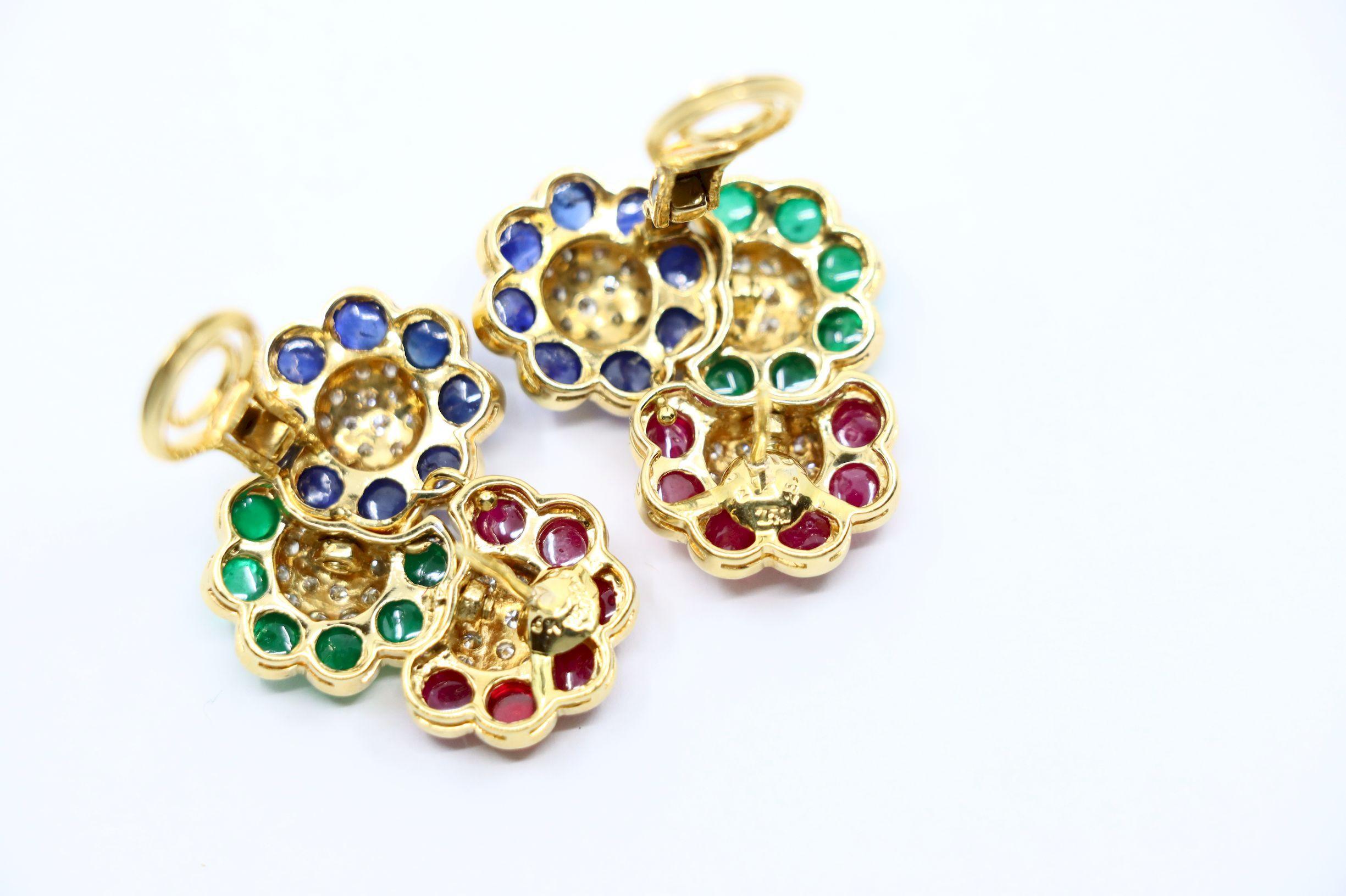 Vintage 18K Gold Diamond Ruby Sapphire Emerald Earrings For Sale 4