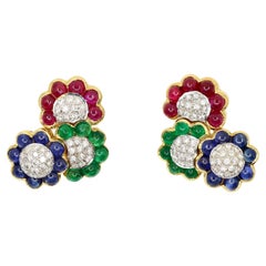 Pendientes vintage de oro de 18 quilates con diamantes, rubíes, zafiros y esmeraldas