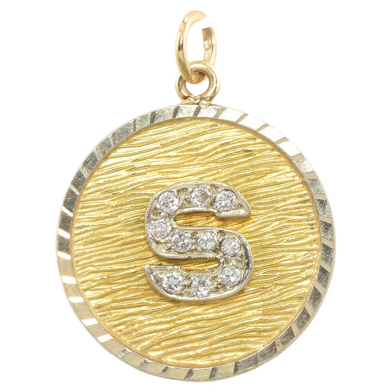 Vintage 18K Gold Diamond "S" Medallion Pendants For Sale