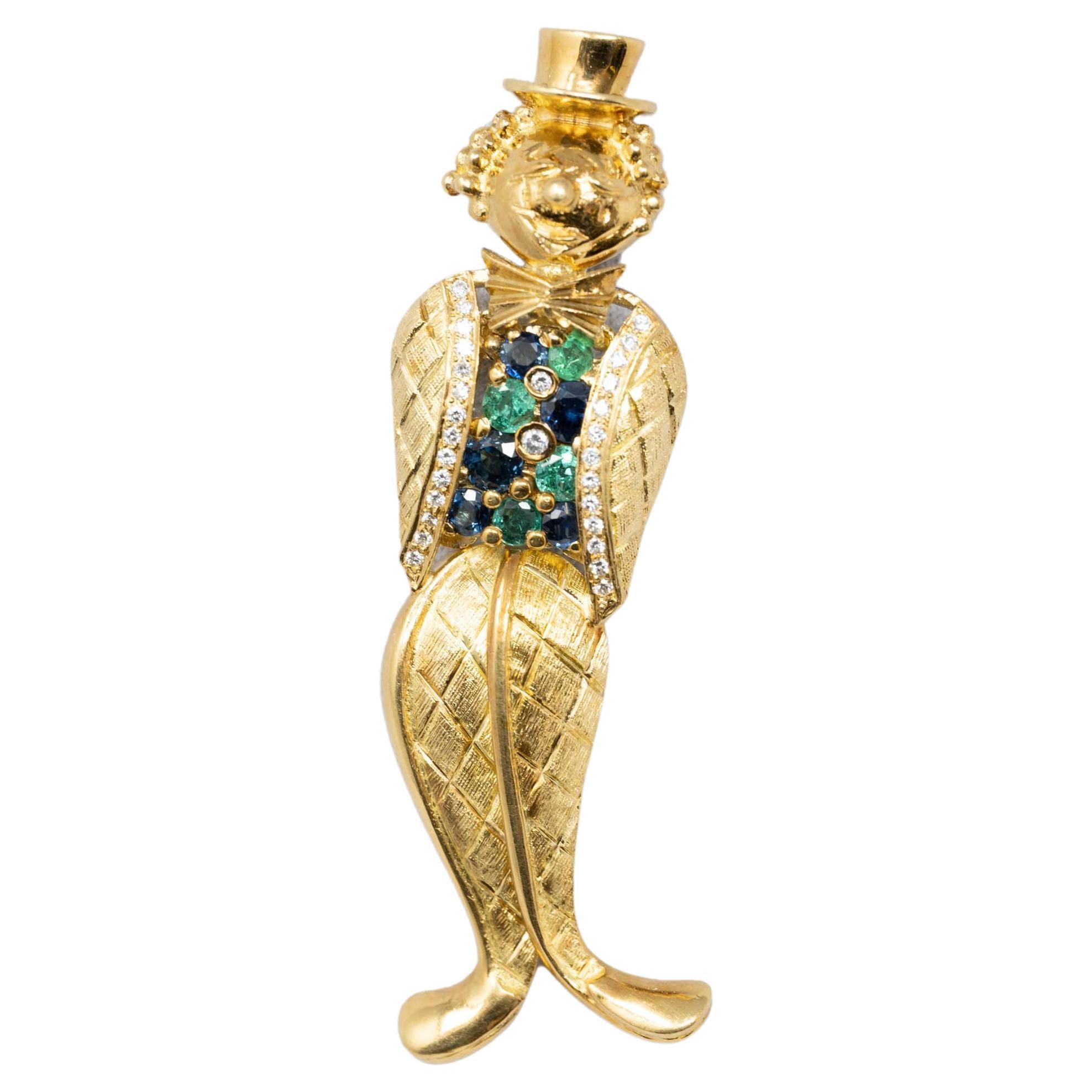 Clown-Brosche aus 18 Karat Gold mit Diamant, Saphir und Smaragd