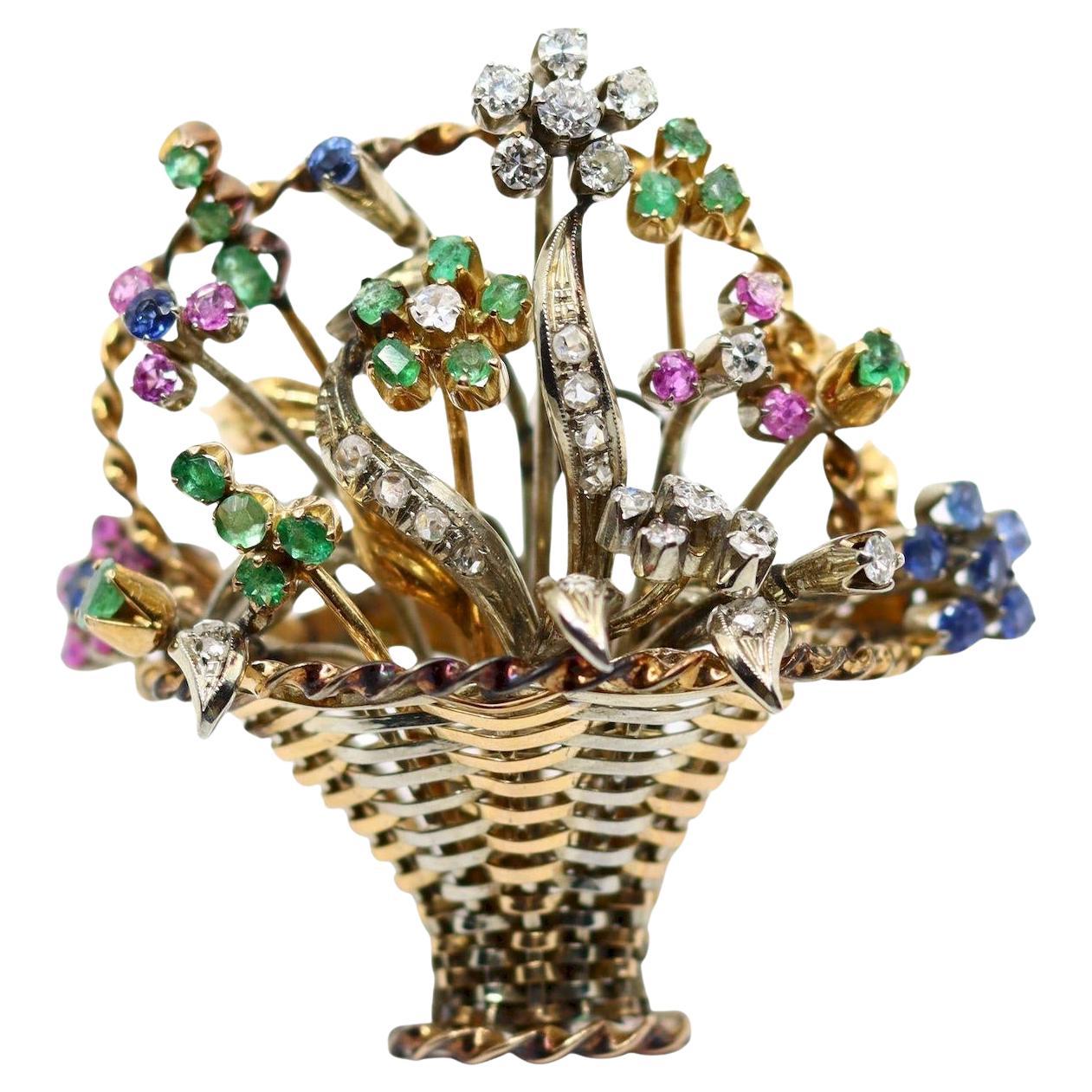 Spilla a cesto con fiore di smeraldo in oro 18k con diamante e zaffiro d'epoca