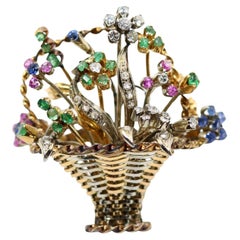 Vintage 18k Gold Diamond Sapphire Emerald Flower Basket Brooch