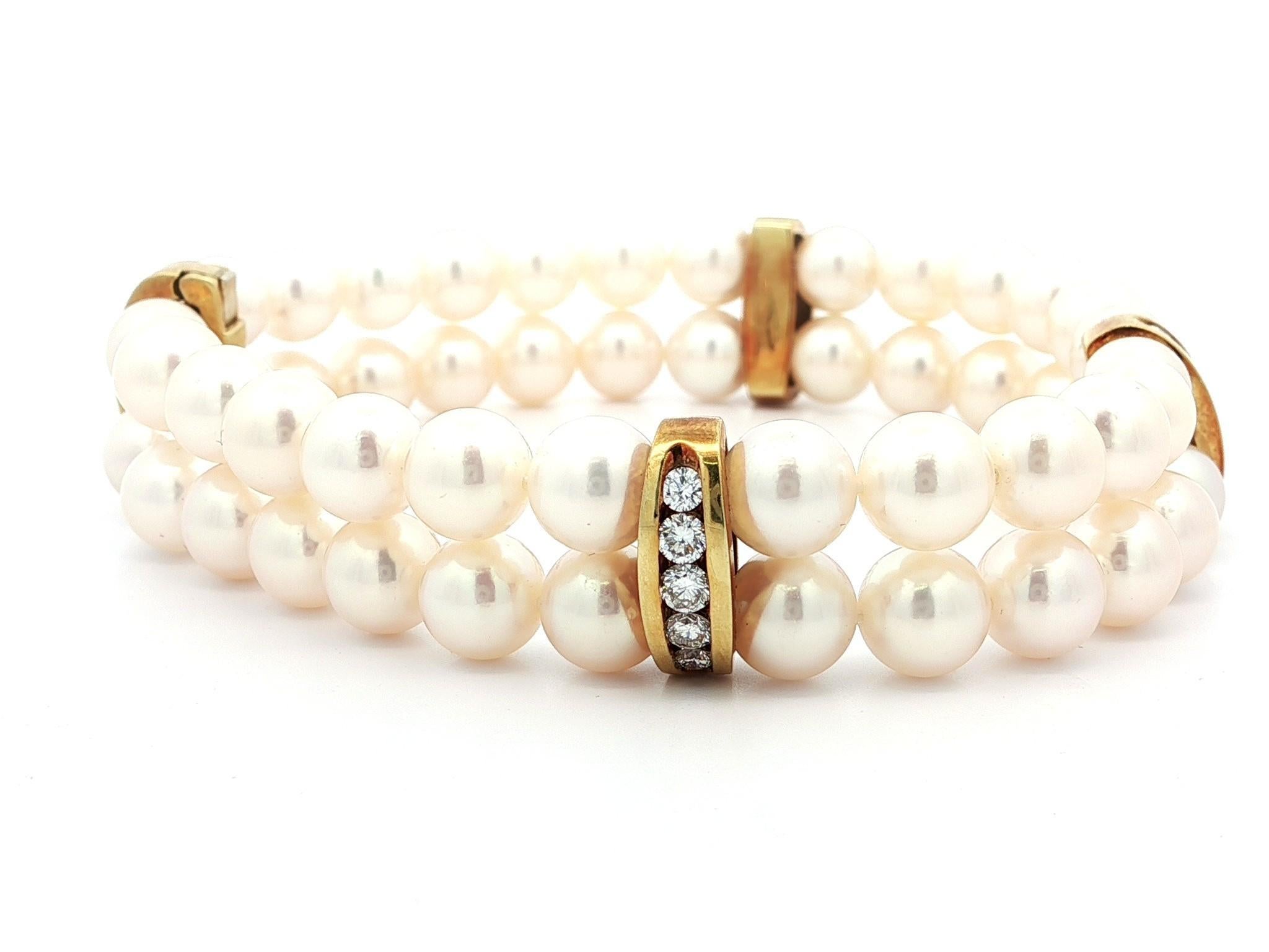 Vintage 18k Gold Diamond Spacers Sections & Clasp Dual Pearl Strand Bracelet For Sale 5
