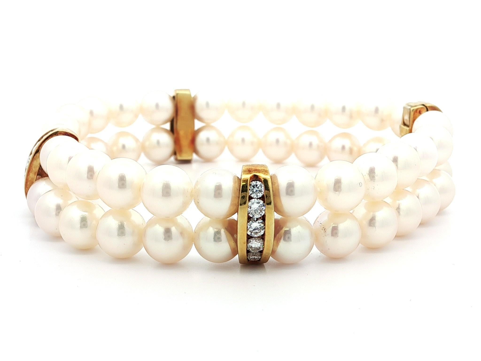 Vintage 18k Gold Diamond Spacers Sections & Clasp Dual Pearl Strand Bracelet For Sale 6