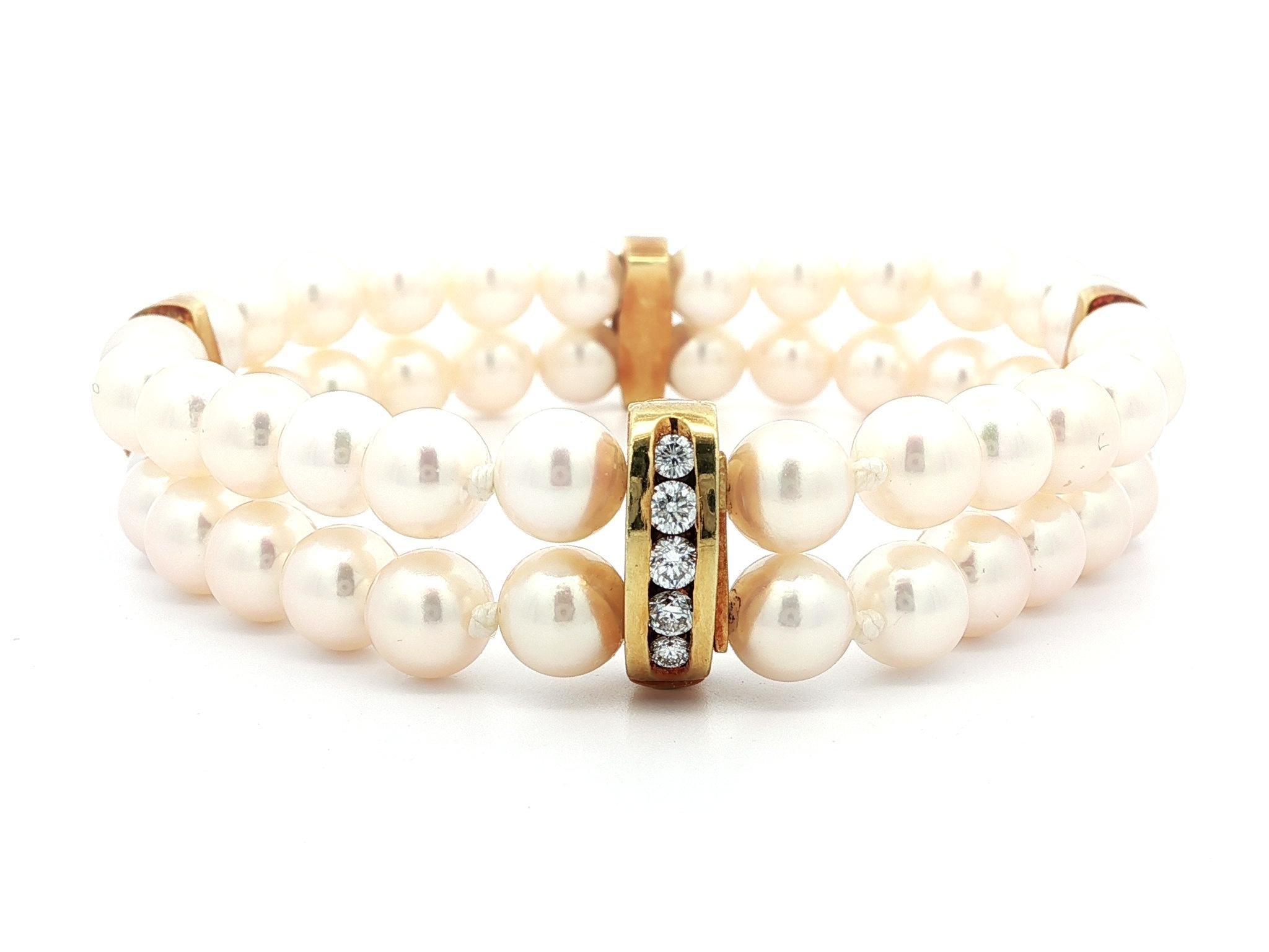 Vintage 18k Gold Diamond Spacers Sections & Clasp Dual Pearl Strand Bracelet For Sale 7