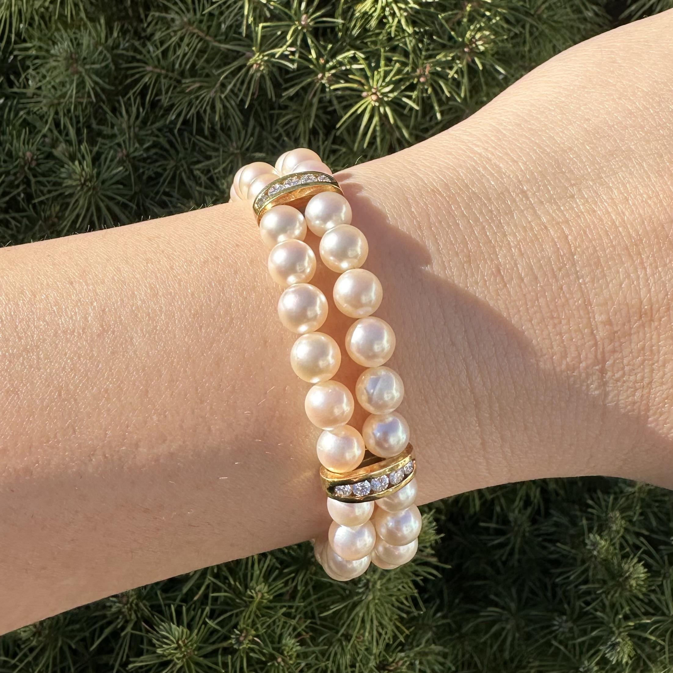 Vintage 18k Gold Diamond Spacers Sections & Clasp Dual Pearl Strand Bracelet For Sale 9