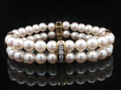 Vintage 18k Gold Diamond Spacers Sections & Clasp Dual Pearl Strand Bracelet