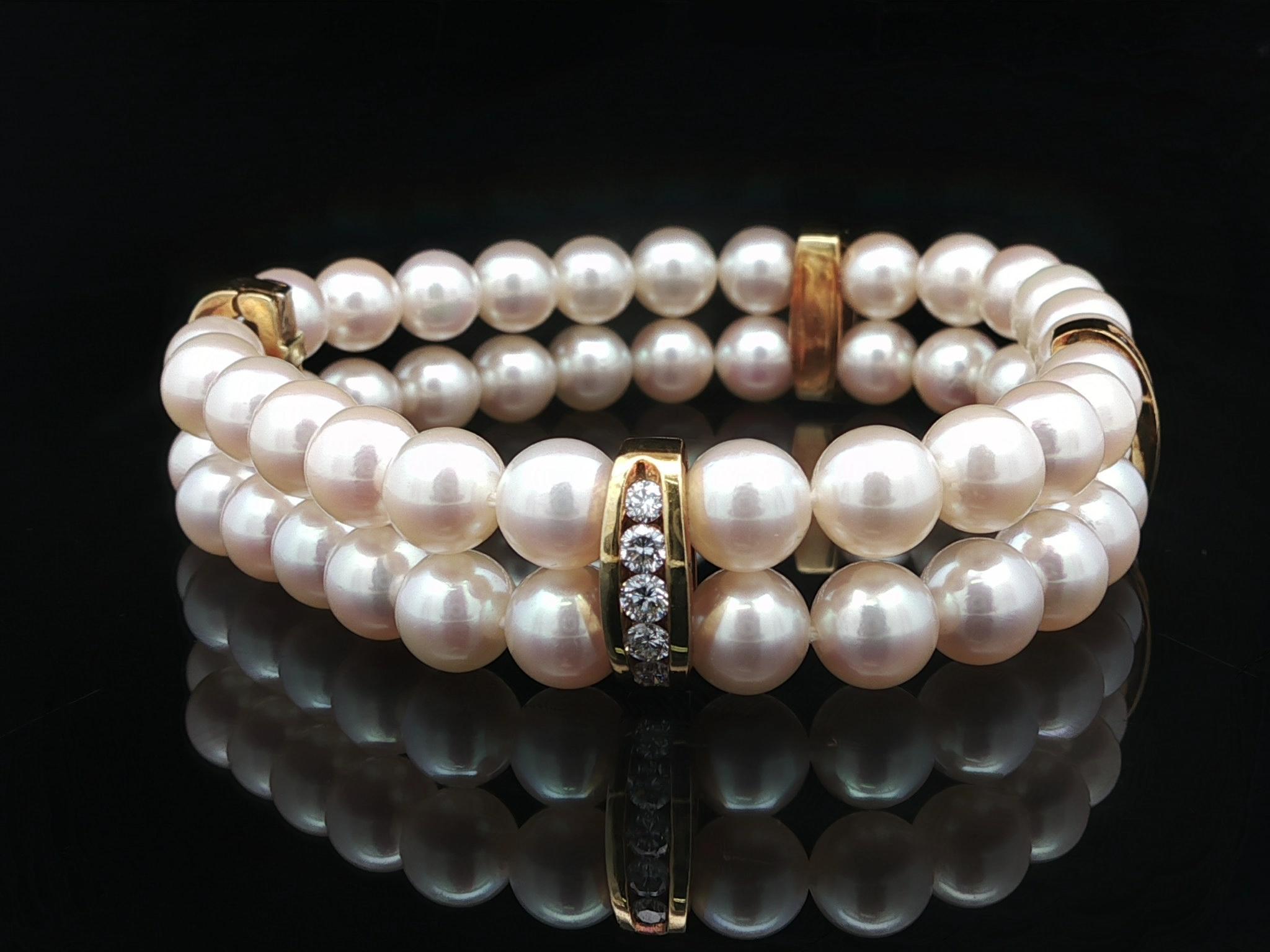 Bead Vintage 18k Gold Diamond Spacers Sections & Clasp Dual Pearl Strand Bracelet For Sale