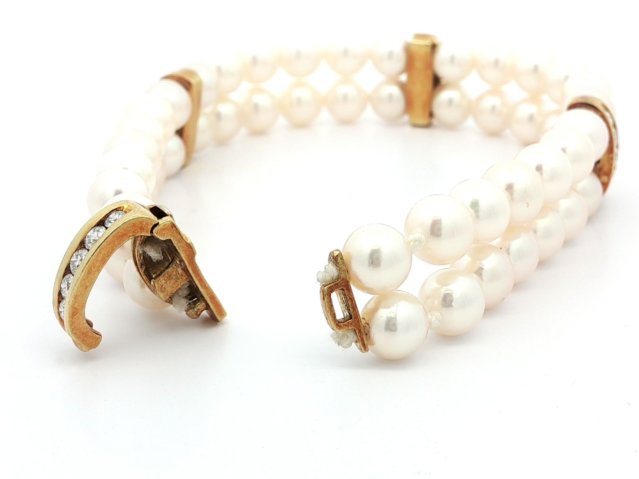 Vintage 18k Gold Diamond Spacers Sections & Clasp Dual Pearl Strand Bracelet For Sale 3