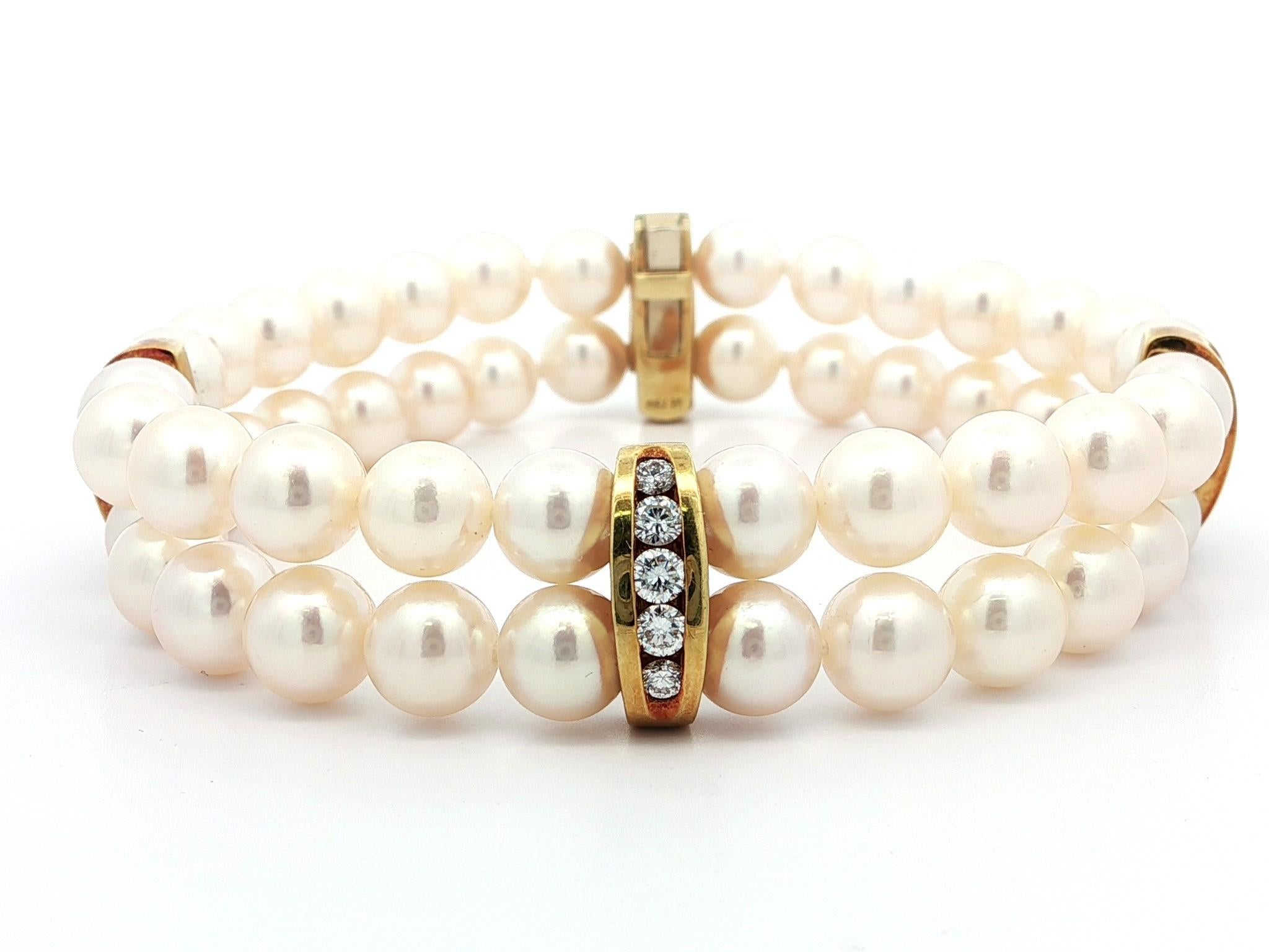 Vintage 18k Gold Diamond Spacers Sections & Clasp Dual Pearl Strand Bracelet For Sale 4