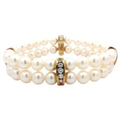 Vintage 18k Gold Diamond Spacers Sections & Clasp Dual Pearl Strand Bracelet