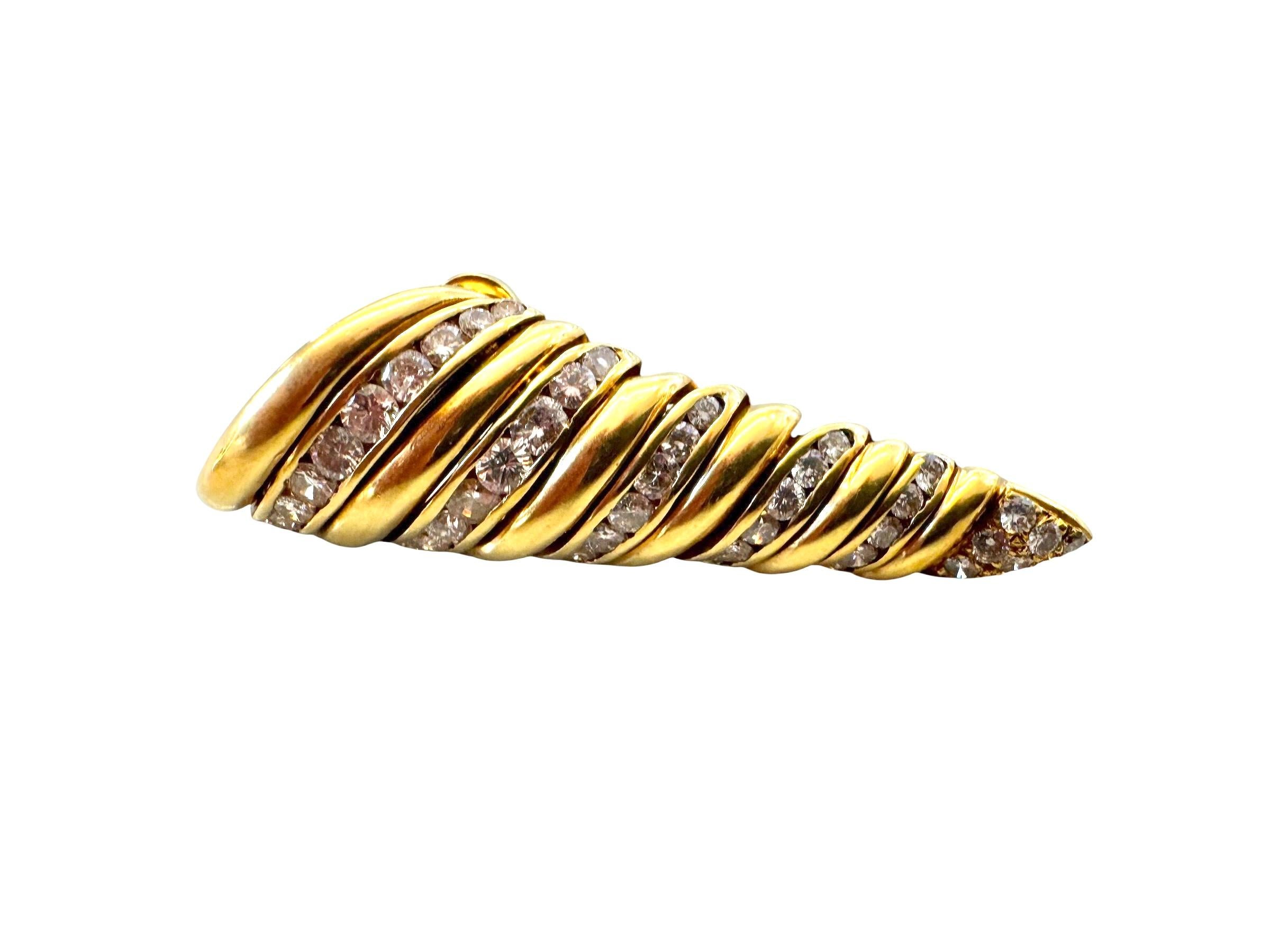 A striking pair of vintage spiral earrings, masterfully crafted in rich 18K yellow gold and set with rows of brilliant-cut diamonds. Each earring features a tapered, conical silhouette with alternating high-polish gold and diamond-set bands that