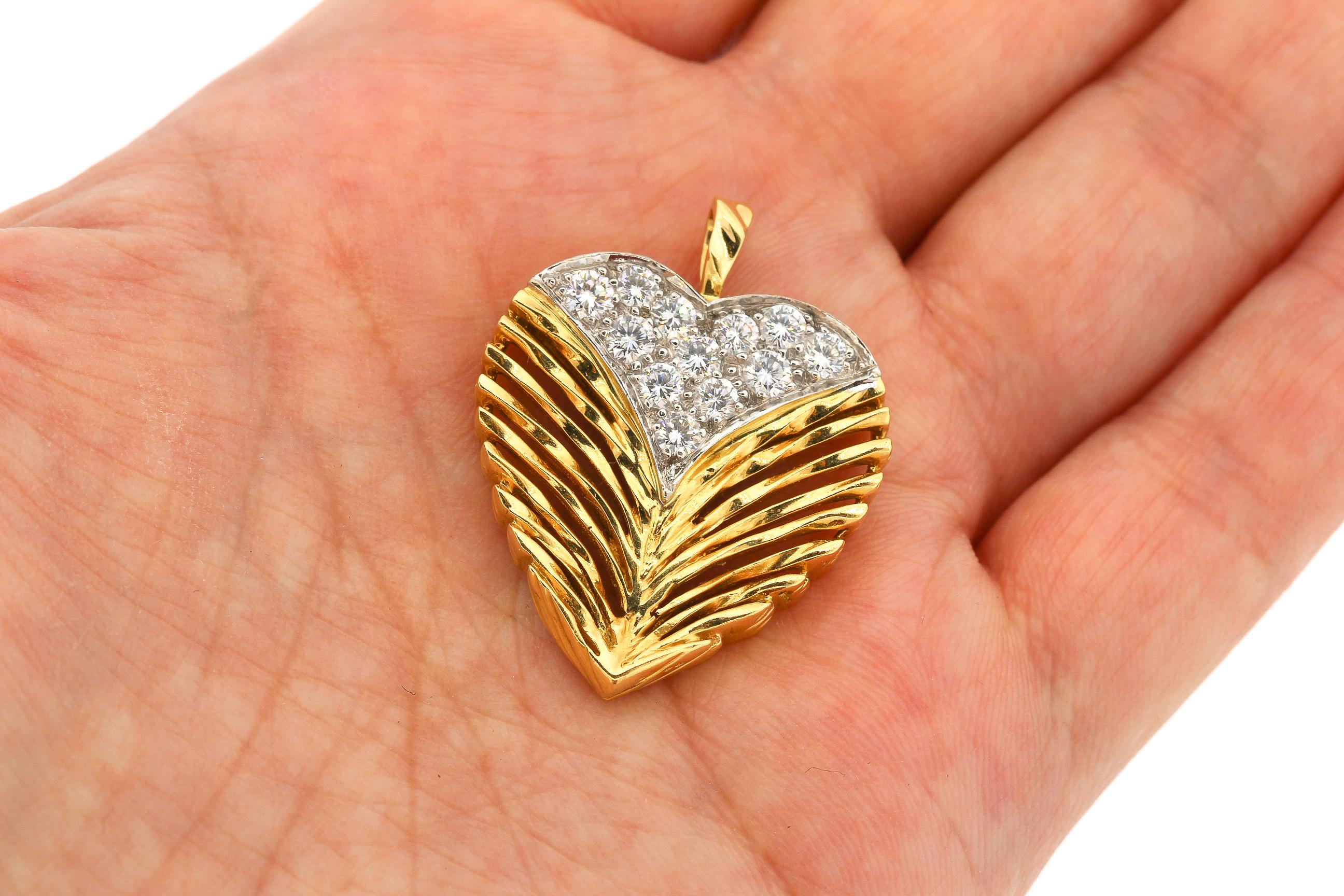 Women's or Men's Vintage 18 Karat Gold Diamond Textured Heart Pendant by Kutchkinsky