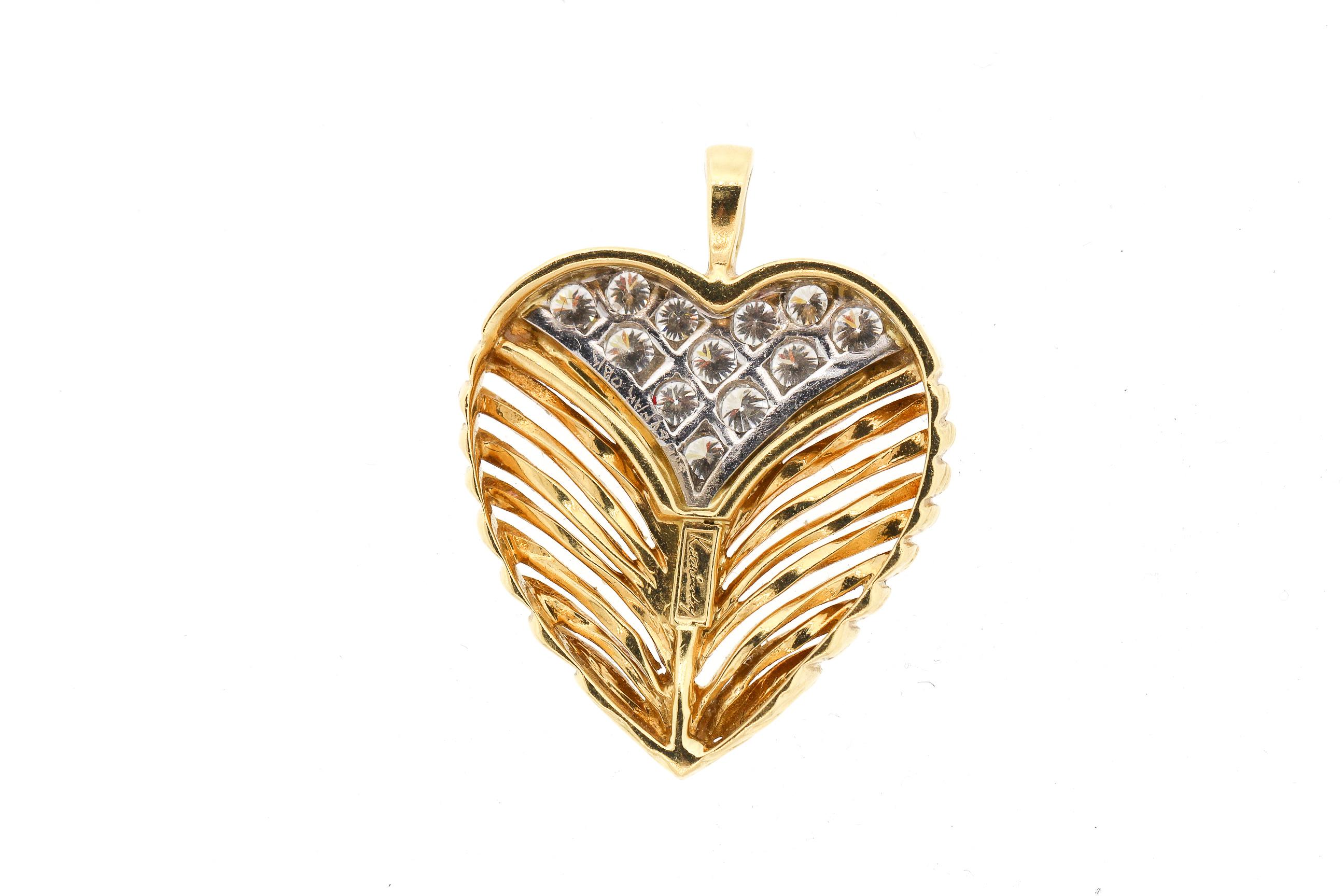 Vintage 18 Karat Gold Diamond Textured Heart Pendant by Kutchkinsky 1