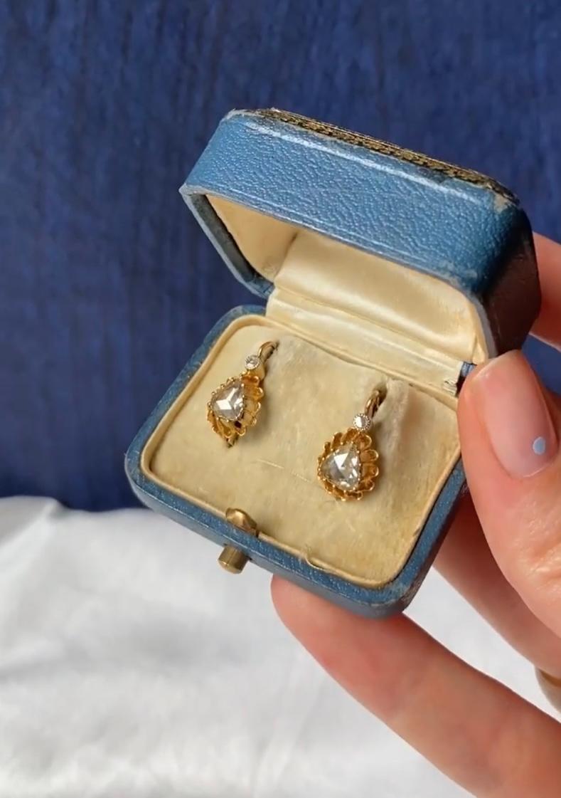 Old Mine Cut Vintage 18K Gold Diamonds Lever Back Earrings  For Sale