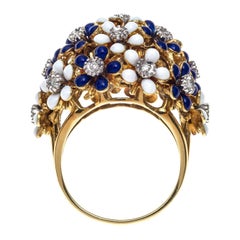 Vintage 18K Gold Dome Shaped Cocktail Ring Blue White Enamel Flowers Diamond