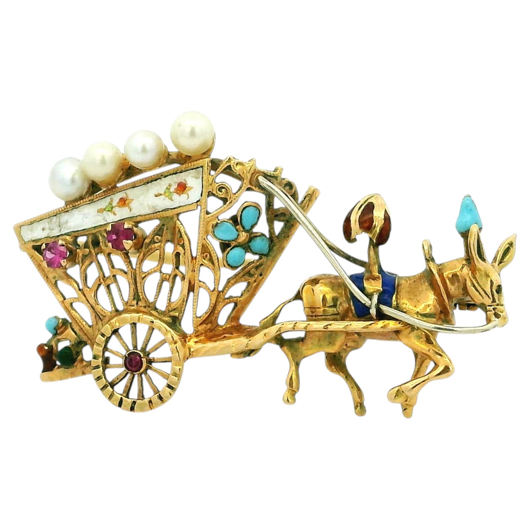 Vintage 18K Gold Donkey Cart Brooch with Pearls & Enamel