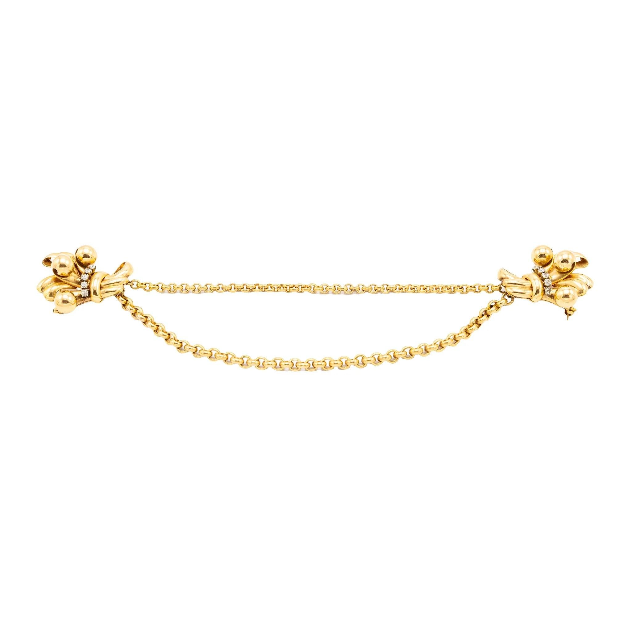 Vintage 18K Gold Double Clip Brosche mit Diamant - Retro Bow Sheaf Design - '40s im Zustand „Relativ gut“ im Angebot in Milano, IT