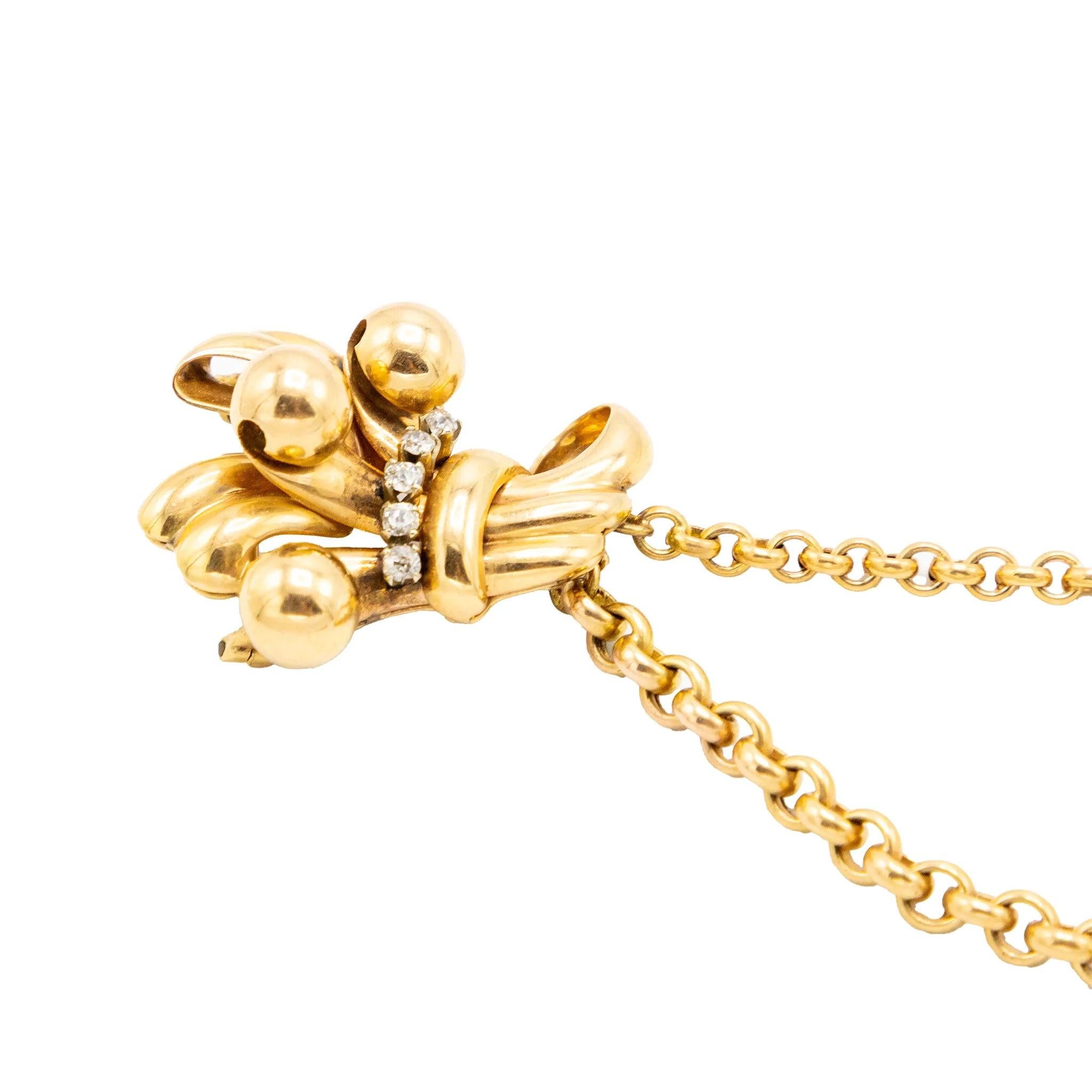 Vintage 18K Gold Double Clip Brosche mit Diamant - Retro Bow Sheaf Design - '40s Damen im Angebot