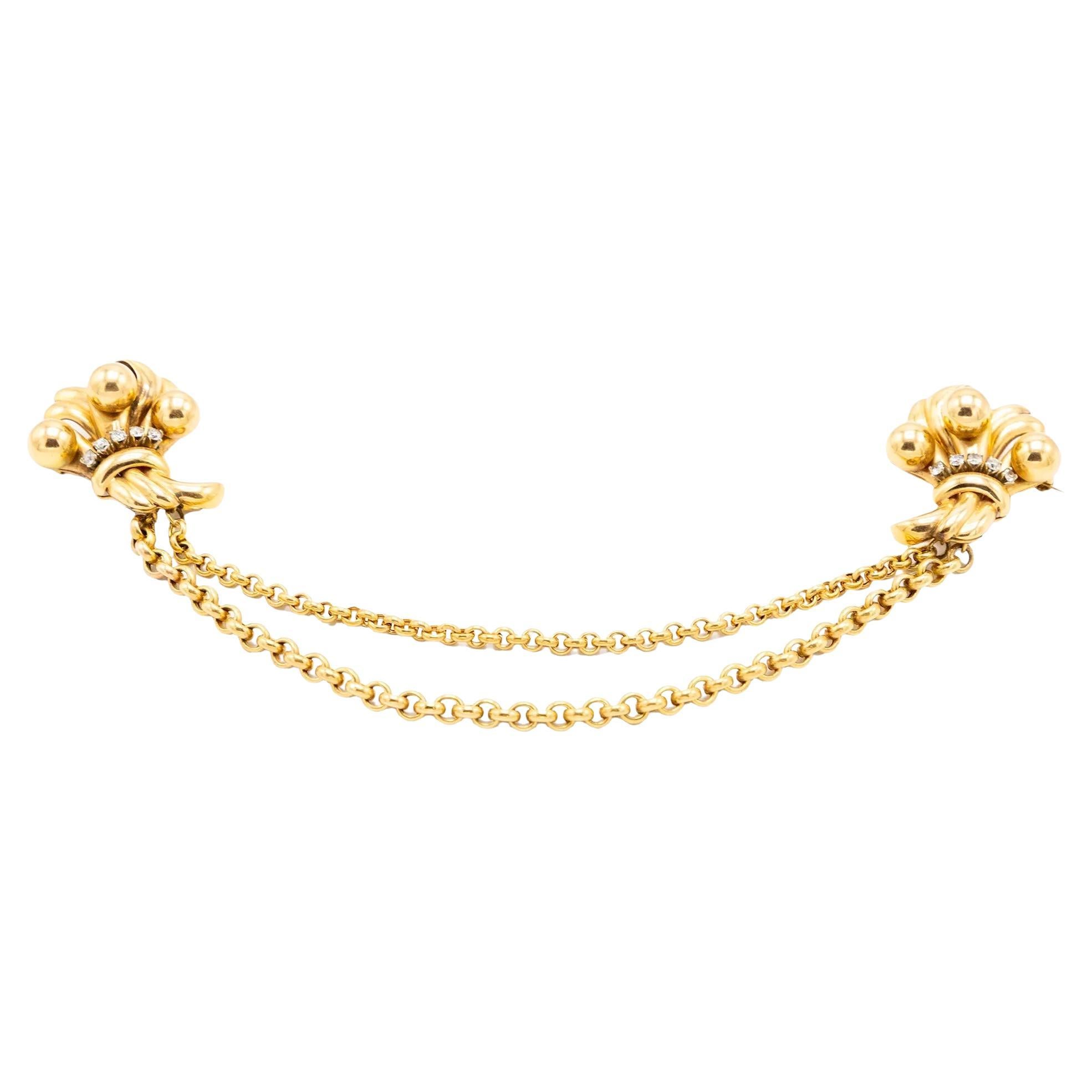 Vintage 18K Gold Double Clip Brosche mit Diamant - Retro Bow Sheaf Design - '40s im Angebot