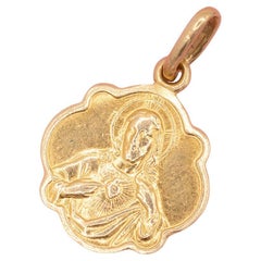 Vintage 18K Gold Double-Sided Medal Pendant: Sacred Heart & Mary - Scapular