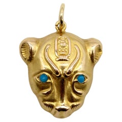 Vintage 18K Gold Egyptian Revival Sekhmet Lion Pendant from Egypt