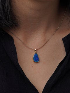 Vintage 18k Gold Electric Blue Green Solid Australian Boulder Opal Pendant