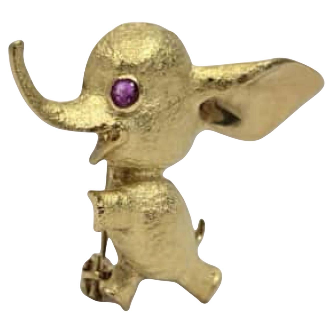 Spilla Elefante in oro 18 carati vintage con occhio di rubino - Charm stravagante di metà secolo