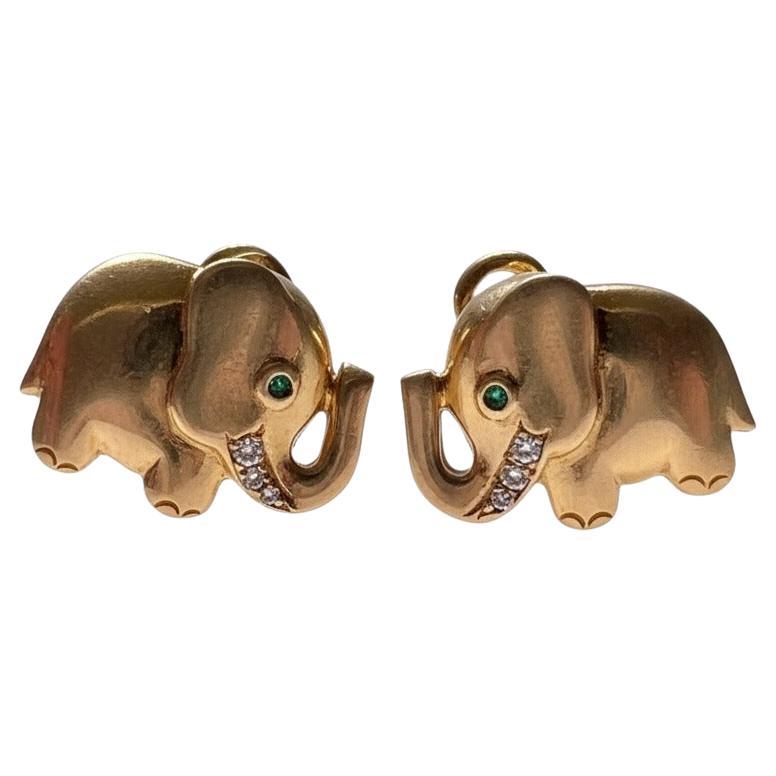 Vintage 18k Gold Elephant Earrings: Emerald Eyes, Diamond Tusks - Oj Perrin