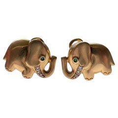 Vintage 18k Gold Elephant Earrings: Emerald Eyes, Diamond Tusks - Oj Perrin
