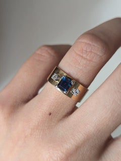 Vintage 18k Gold Emerald Cut Blue Sapphire & Old European Diamond Ring Wide Band