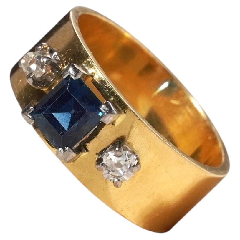 Vintage 18k Gold Smaragd Schliff blauer Saphir & Old European Diamond Ring Wide Band