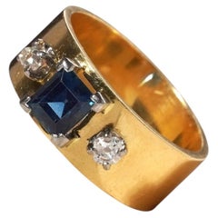 Vintage 18k Gold Emerald Cut Blue Sapphire & Old European Diamond Ring Wide Band