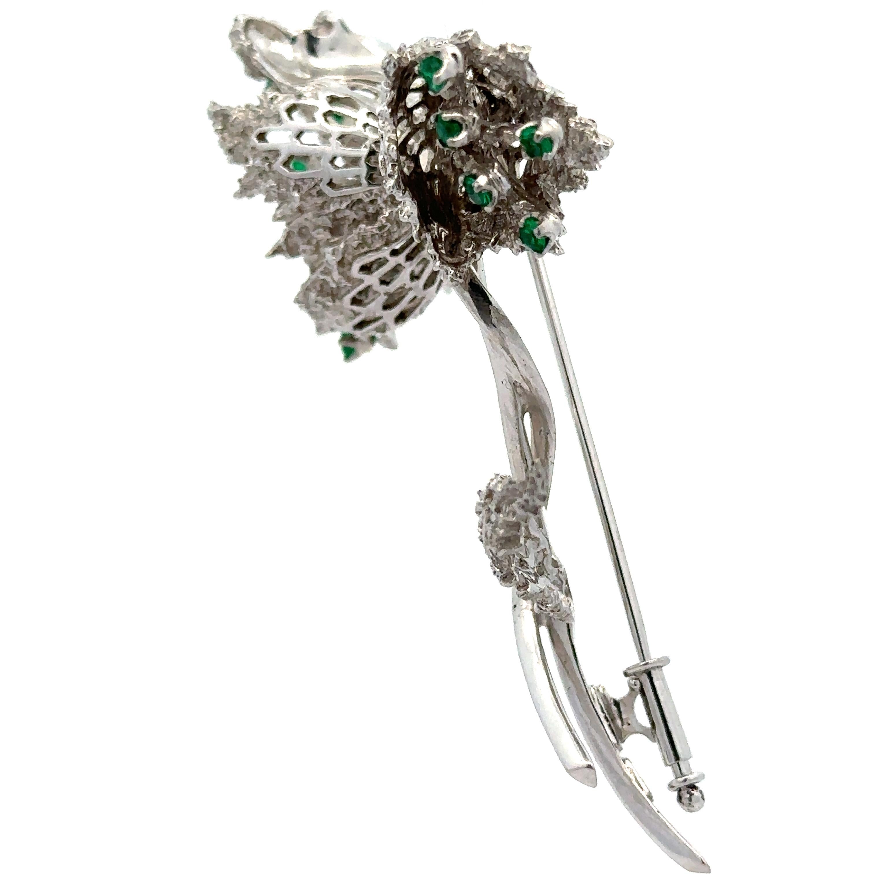 --Stone(s):--
(13) Natural Genuine Emeralds - Round Brilliant Cut - Prong Set - Vivid Green Color & Natural Inclusions - 0.75ctw (approx.)
(6) Natural Genuine Diamonds - Old Single Cut - Pave Set - Accents on Leaf

Material: Solid 14k White Gold Pin