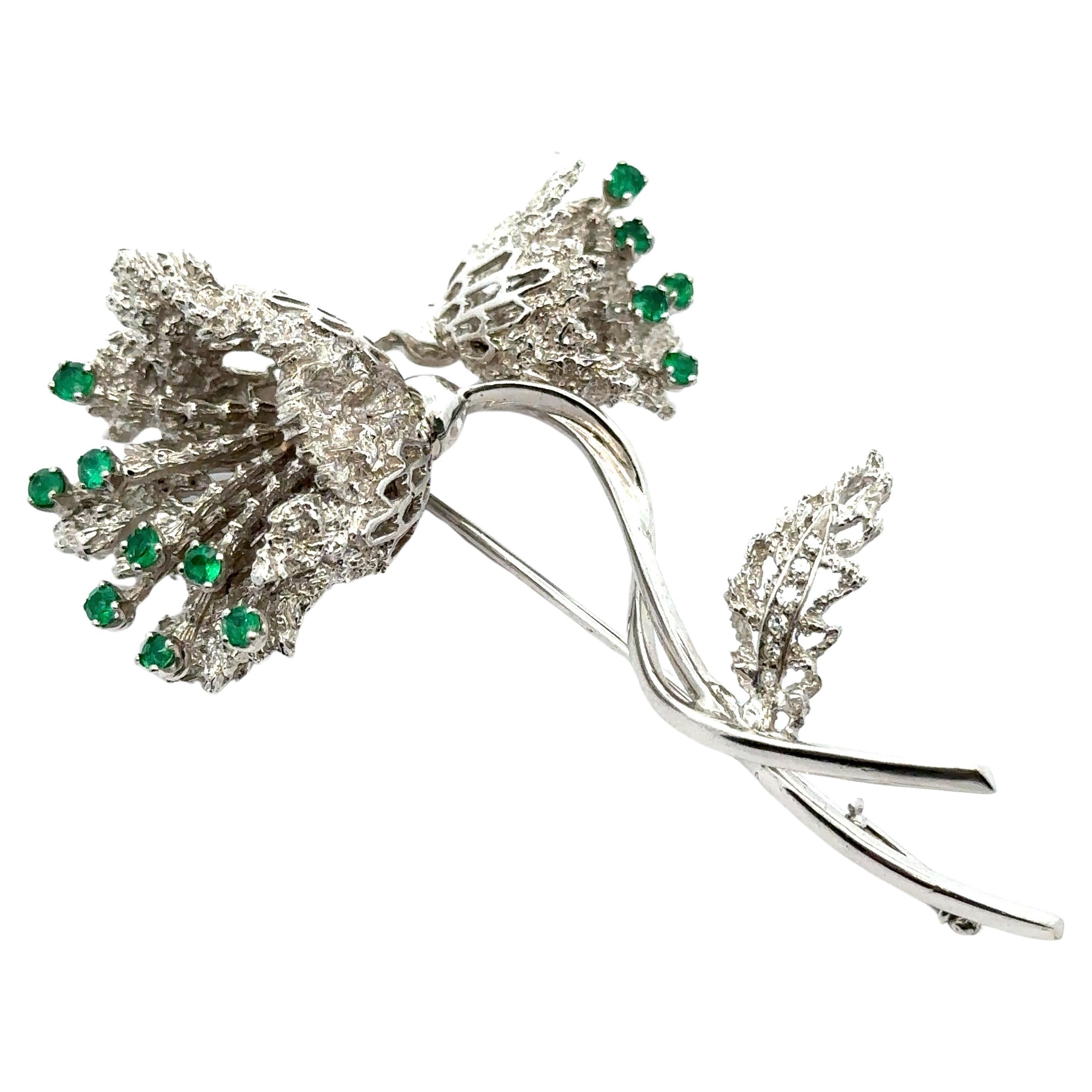 Vintage 18k Gold Emerald & Diamond en Tremblant Nugget Coral Flower Pin Brooch