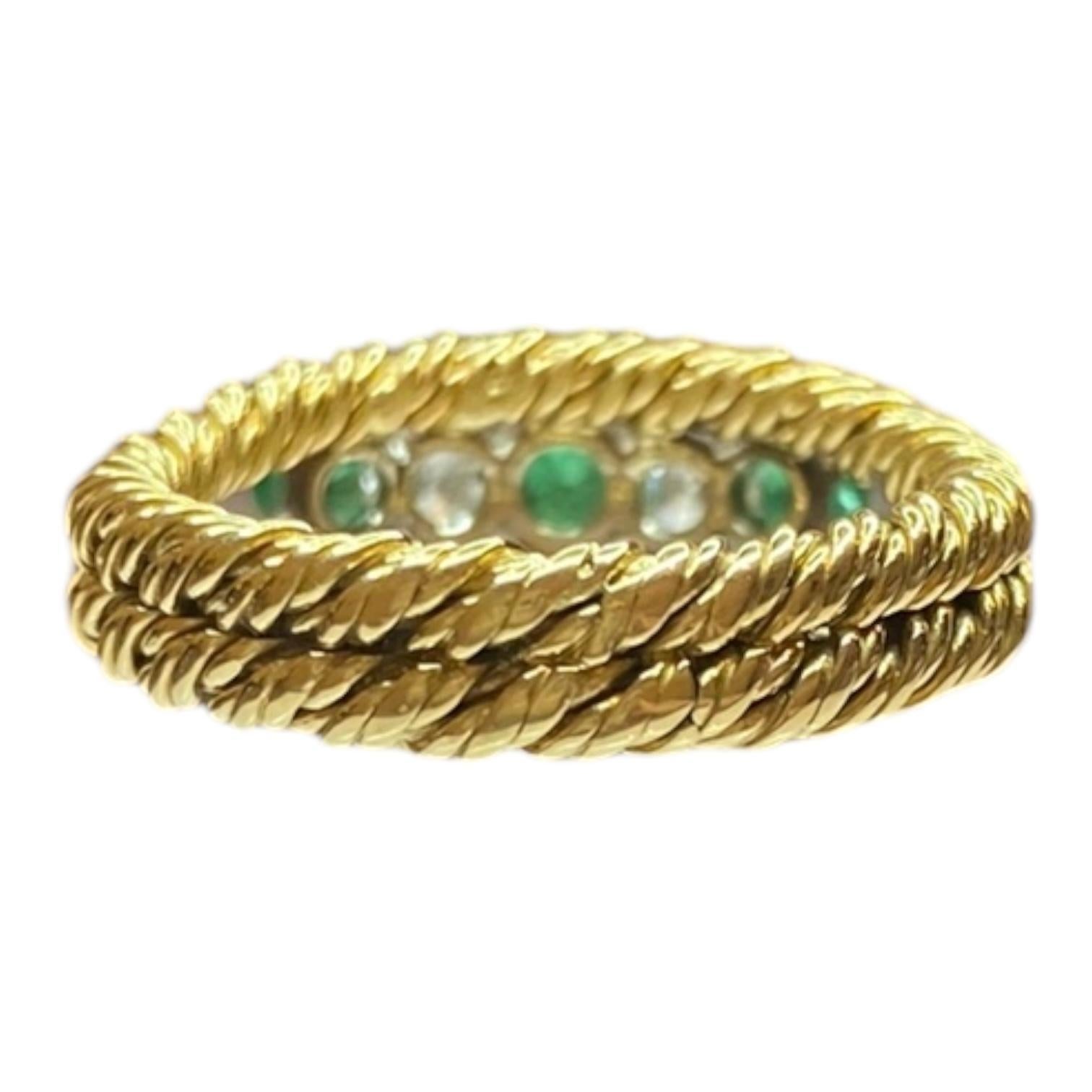 Contemporary Vintage 18K Gold Emerald & Diamond Five Stone Band Ring For Sale