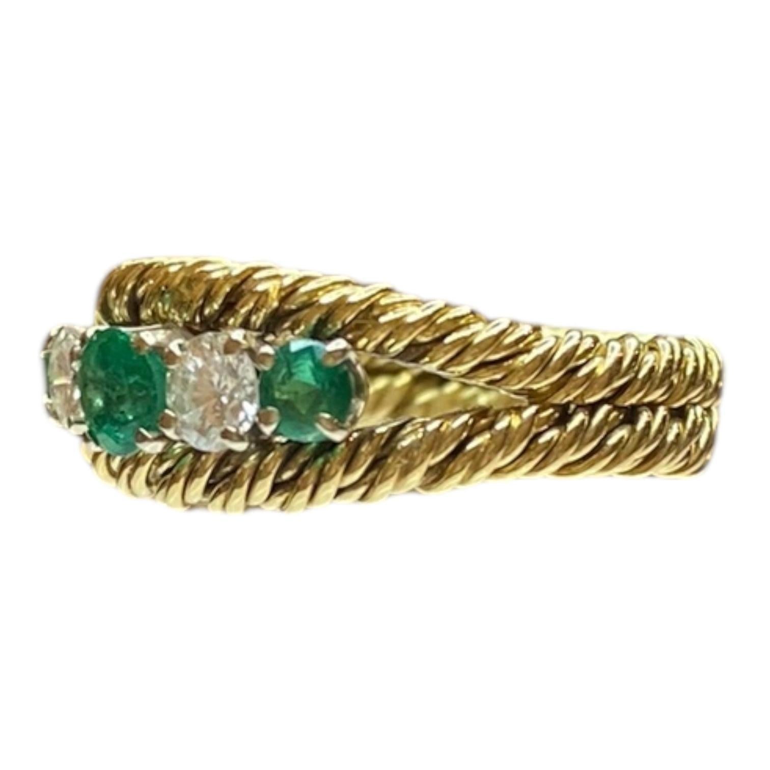 Women's Vintage 18K Gold Emerald & Diamond Five Stone Band Ring For Sale