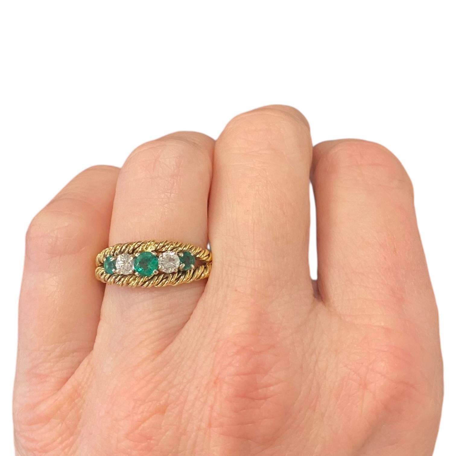 Vintage 18K Gold Emerald & Diamond Five Stone Band Ring For Sale 1