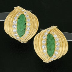 Vintage 18K Gold Emerald Leaf Carved Pave Diamond Domed Grooved Button Earrings
