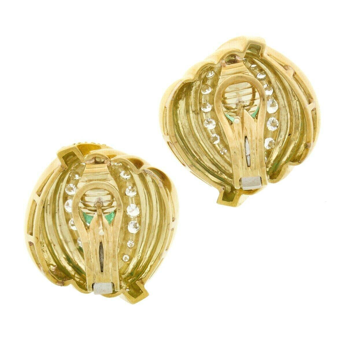 Women's Vintage 18K Gold Emerald Leaf Carved Pave Diamond Domed Grooved Button Earrings