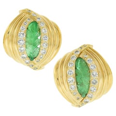 Vintage 18K Gold Emerald Leaf Carved Pave Diamond Domed Grooved Button Earrings